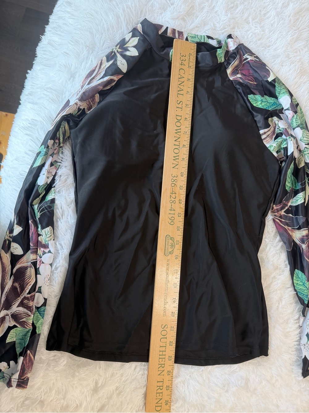 Black Rash Guard Swim Top and bottom with Floral Sleeve Panels